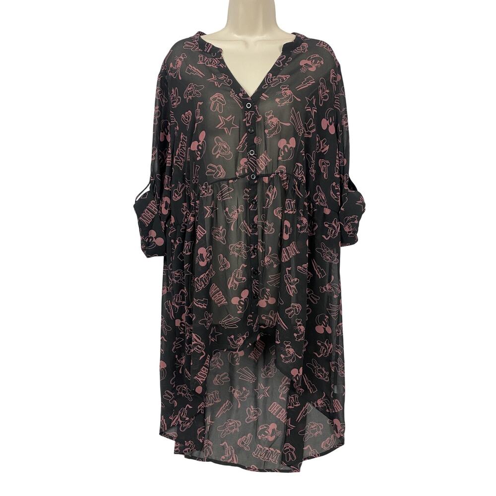 Torrid x Disney Top Size 2 2X 4D Mickey Friends Lexie Babydoll Black Sheer AOP